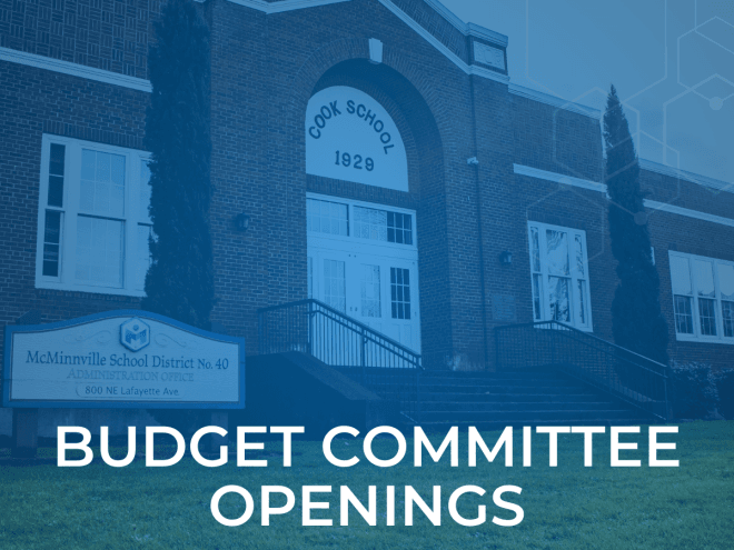 A photo of the MSD district office is shrouded in dark blue with white lettering reading "Budget Committee Openings"