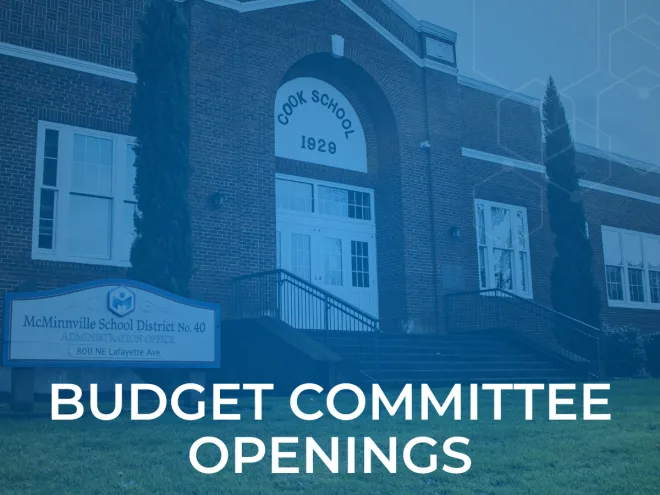 A photo of the MSD district office is shrouded in dark blue with white lettering reading "Budget Committee Openings"