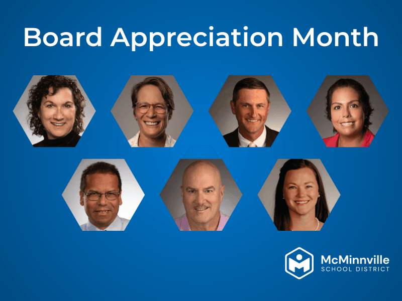 Image reads "School Board Appreciation Month" and includes images of all seven volunteer directors